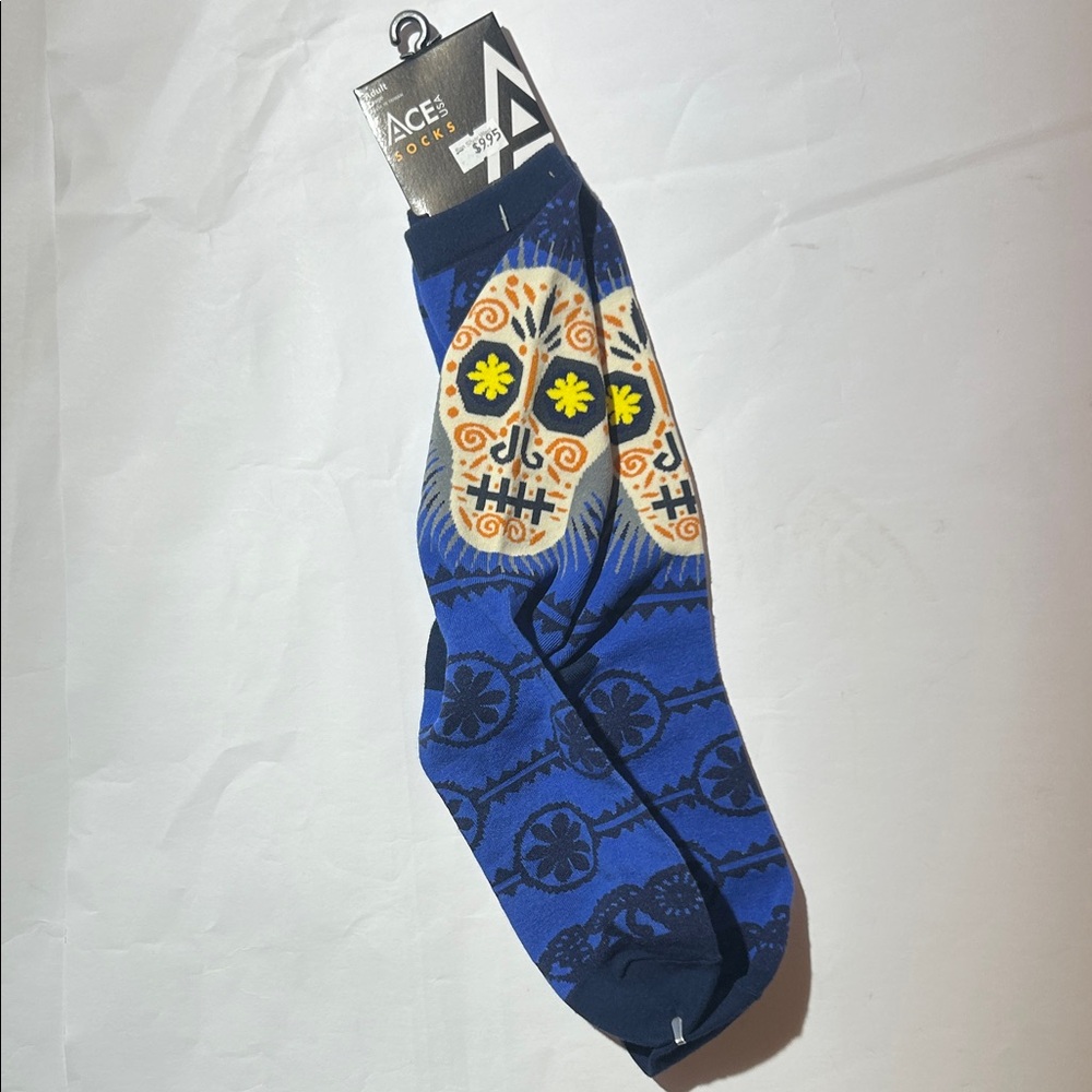 Blue and Yellow Sugar Skull Novelty Crew Socks